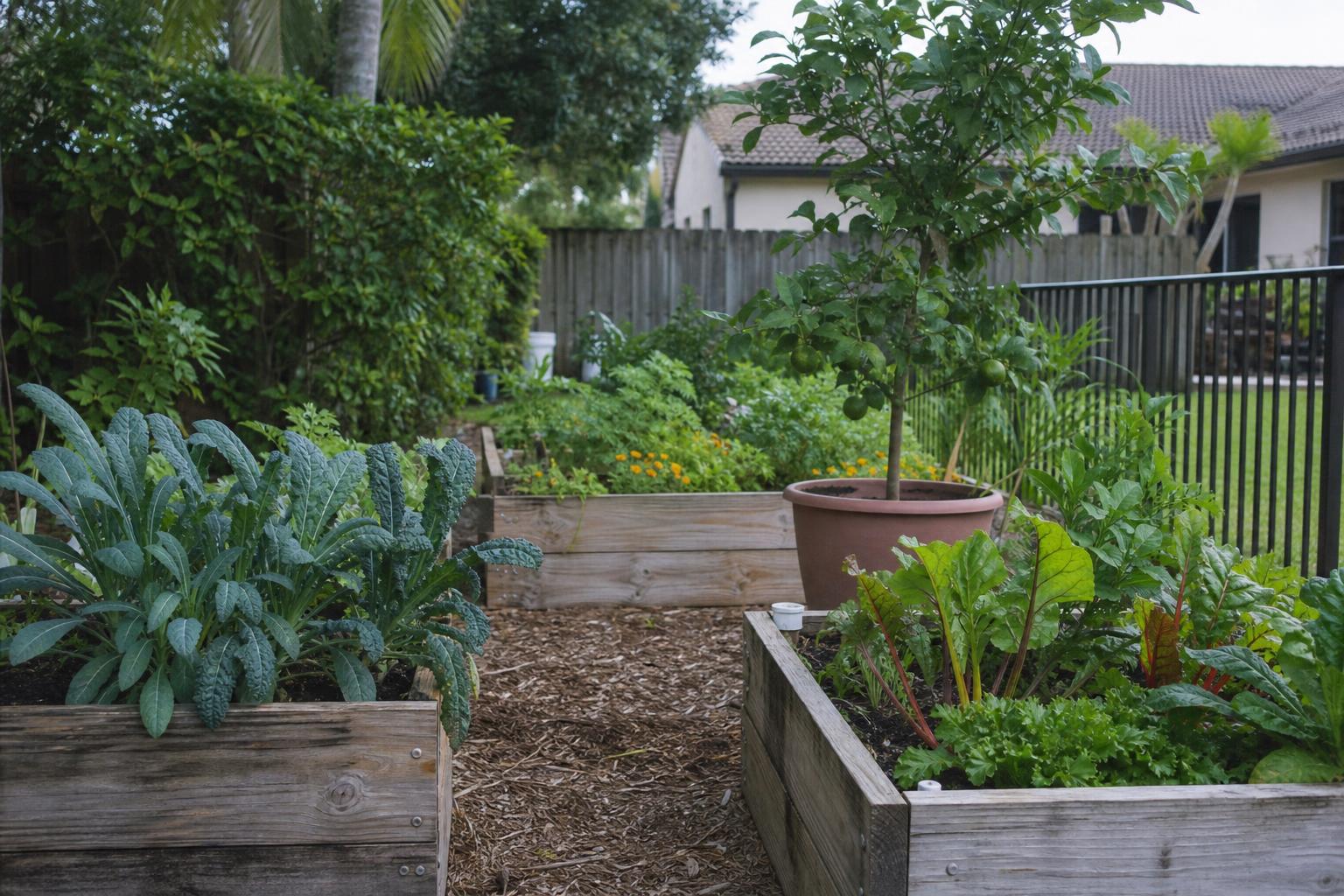 Lush South Florida edible garden with raised beds, fruit trees, and tropical plants at golden hour